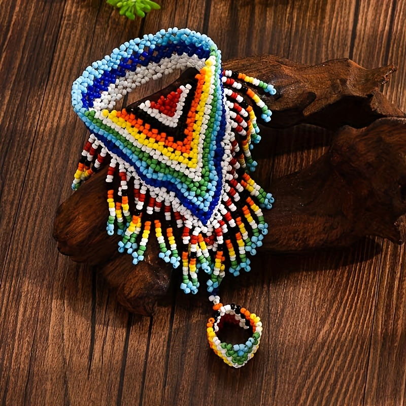 TEMU Bracelet élastique géométrique tissé en perles de riz de style ethnique bohème pour femmes ( de perles de riz tissés à variés)