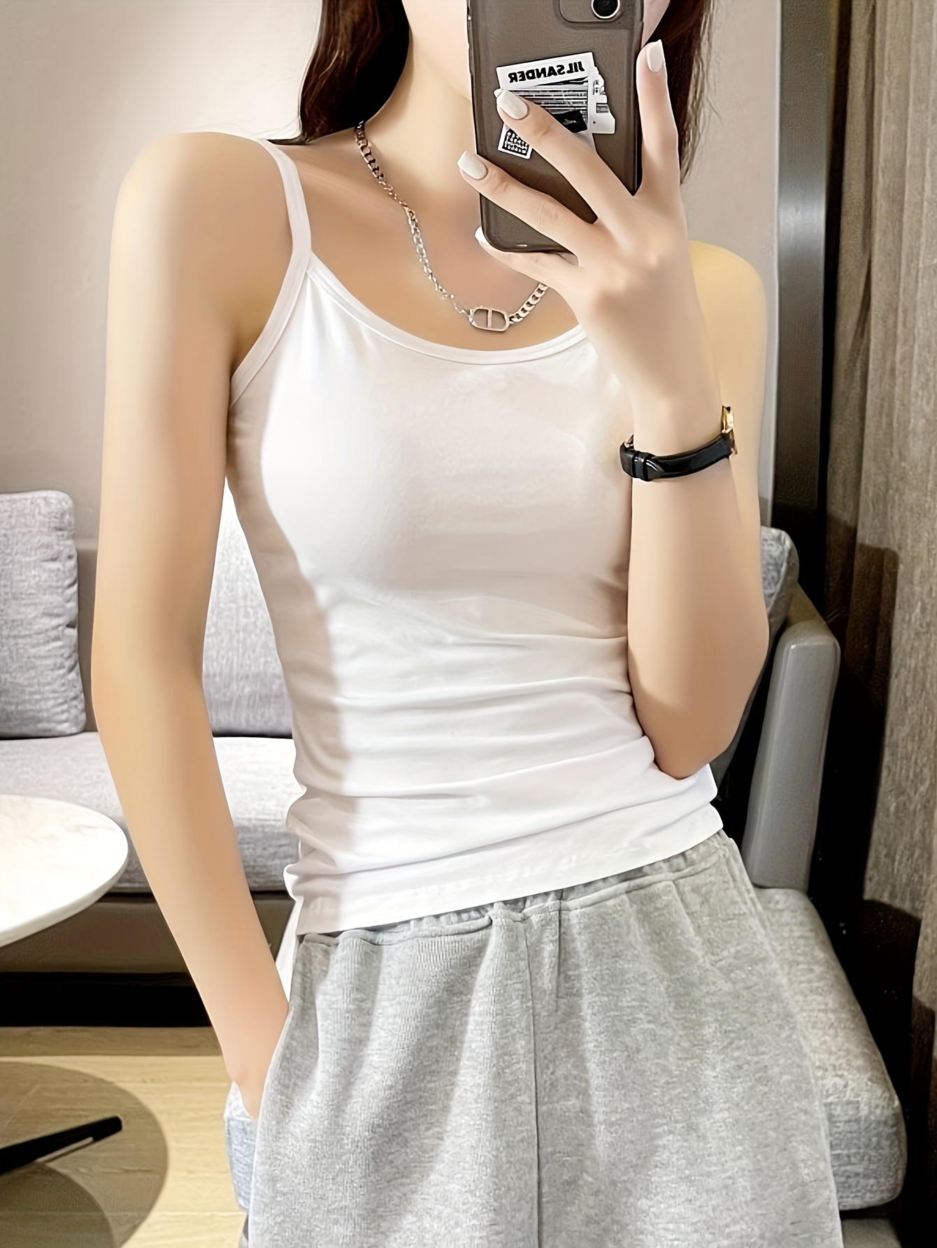 soft stretchy womens sleeveless tank top white polyester blend thin straps versatile casual attire machine washable high   for   fit