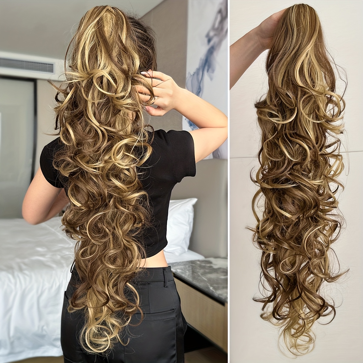 Image of A Multi-colored, 30-inch Deep Wave Ponytail Extension Made From Heat-resistant Synthetic Fibers, Designed For Women To Use As A Short Hair Accessory In Their Daily Routines