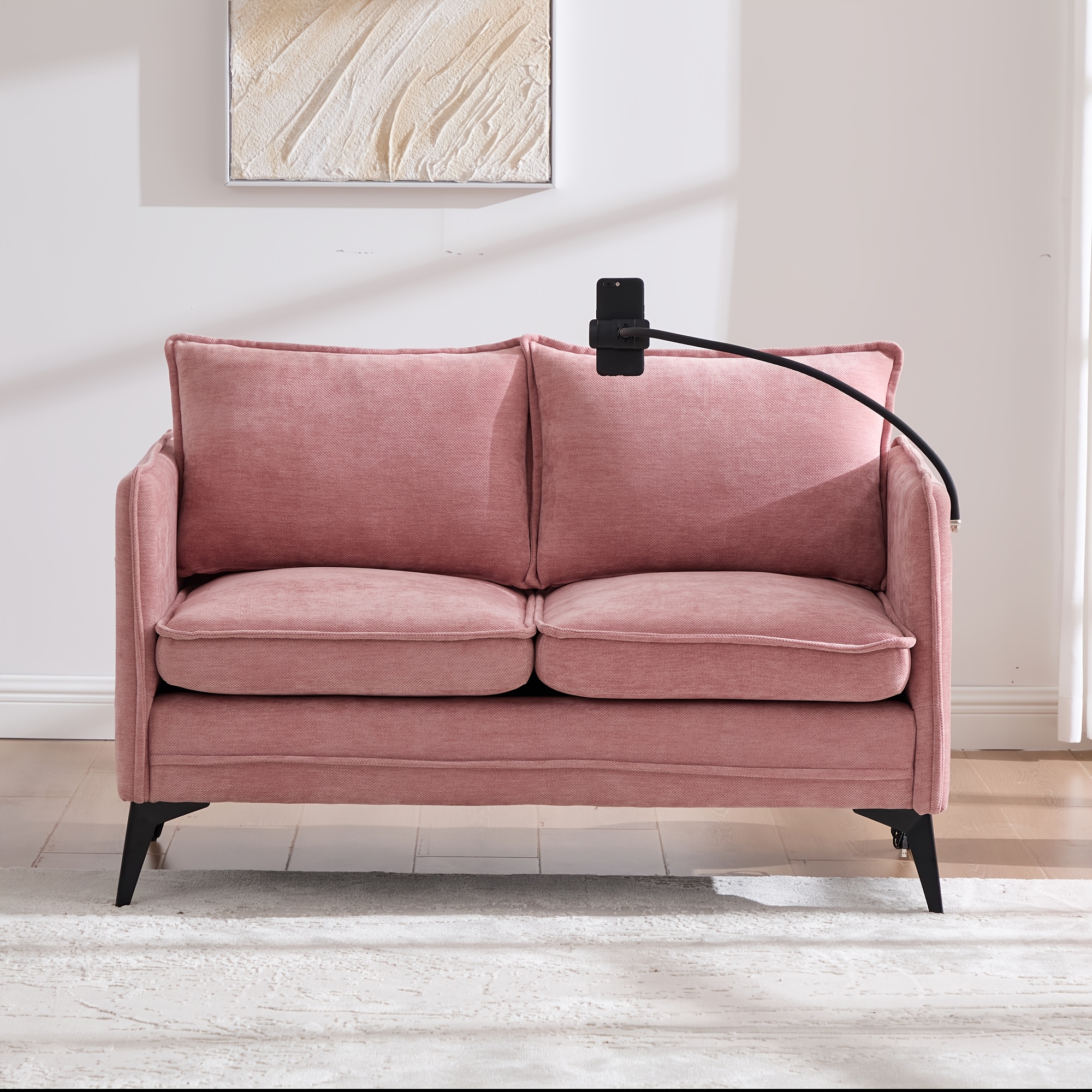 Spacious Two-person Couch Made Of Chenille Fabric, Featuring A Phone Holder And Side Pockets; A Cushioned Lounge Sofa Suitable For The Living Room, Bedroom, Or Study