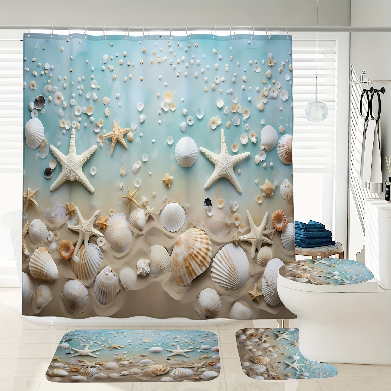 

1/3/4pcs Nautical Bathroom Set With Shell & Starfish Pattern, Digital Printed Waterproof Shower Curtain & Toilet Seat Cover, Includes Bath Mat And 12 Plastic Hooks, Beach Themed Bathroom Decor