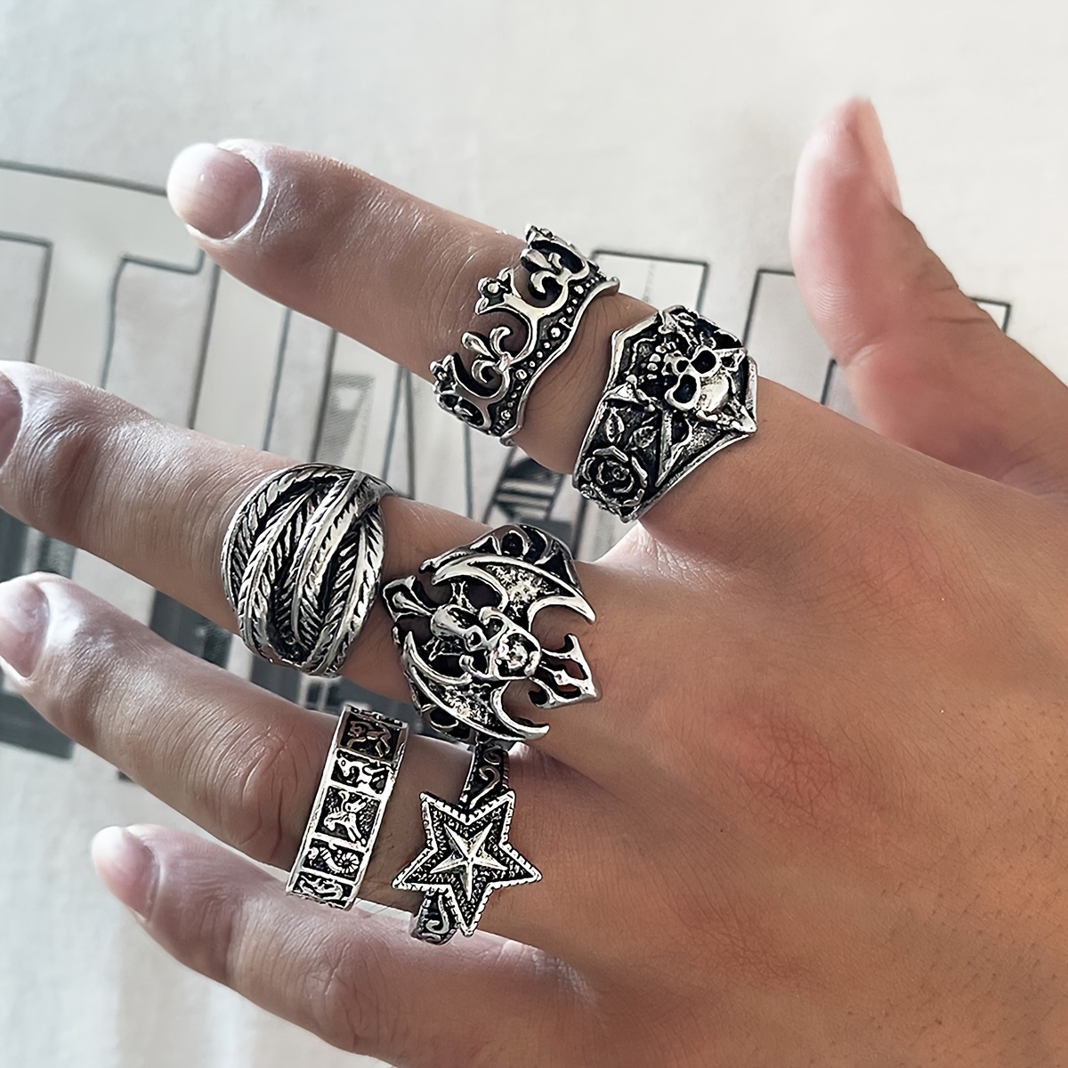 

6-piece Punk Skull Ring Set For Men, Fashion Casual Star Geometric, Non-plated Alloy Combination Rings For Daily Wear And Parties