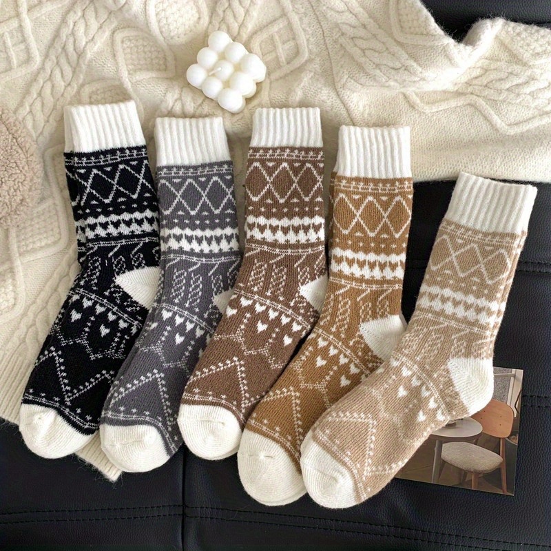 Image of 5 Pairs Of Women's Winter Thick Warm Socks With Ethnic Style Diamond Pattern In Tube, Cold Resistant, Soft And Comfortable Outdoor Socks, Cold Resistant Socks