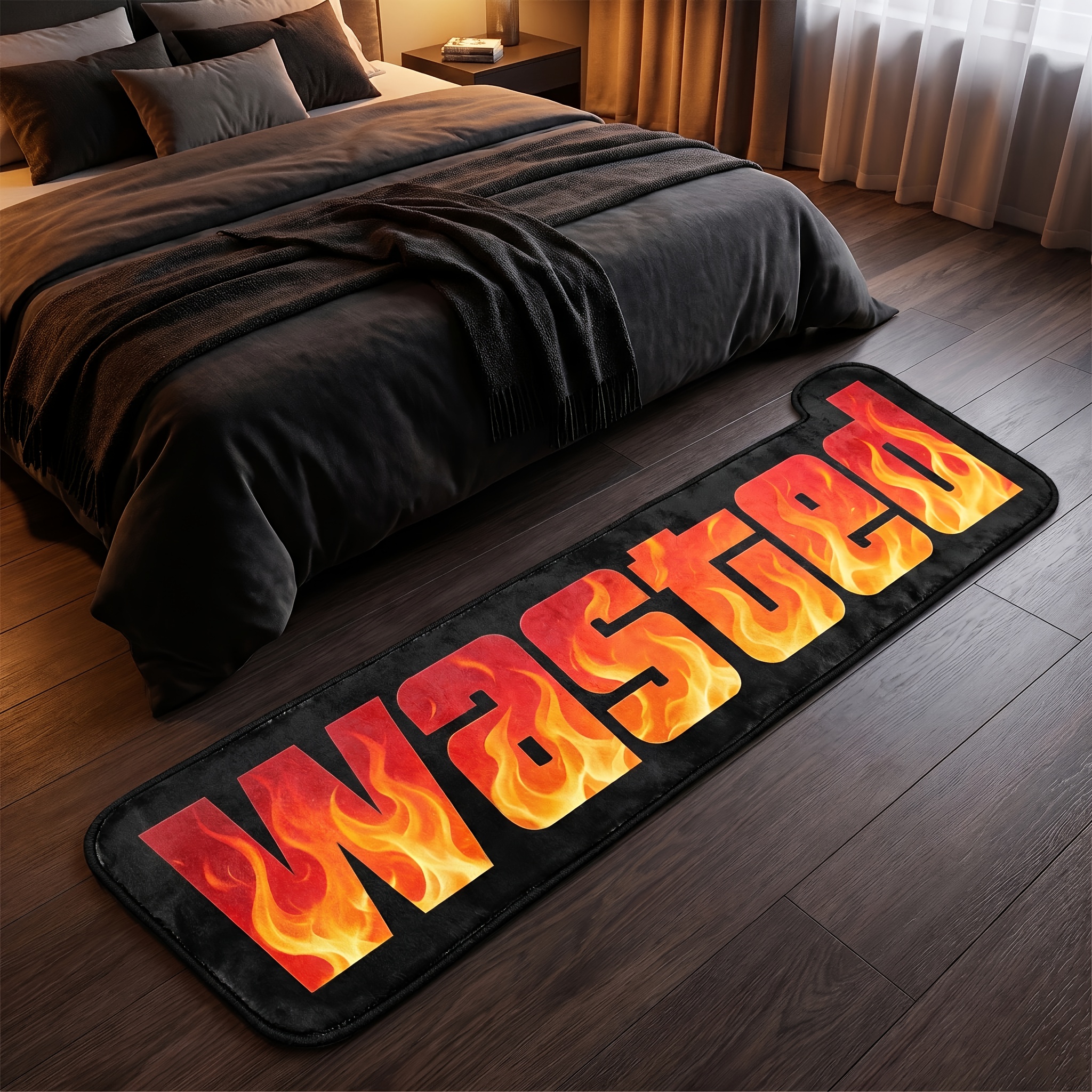 TEMU 1pc Creative Flame Pattern Letter Print Long Strip Irregular Carpet, Style Bedroom Bedside Mat, Gaming Room Corridor Decorative Floor Mat,