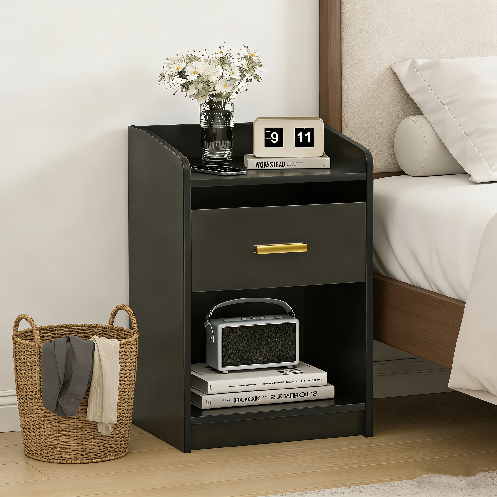 Nightstand, Nightstand With Storage, Open Style, Glossy Nightstand Surface, Contemporary Nightstand (40x35x58 Cm), Table