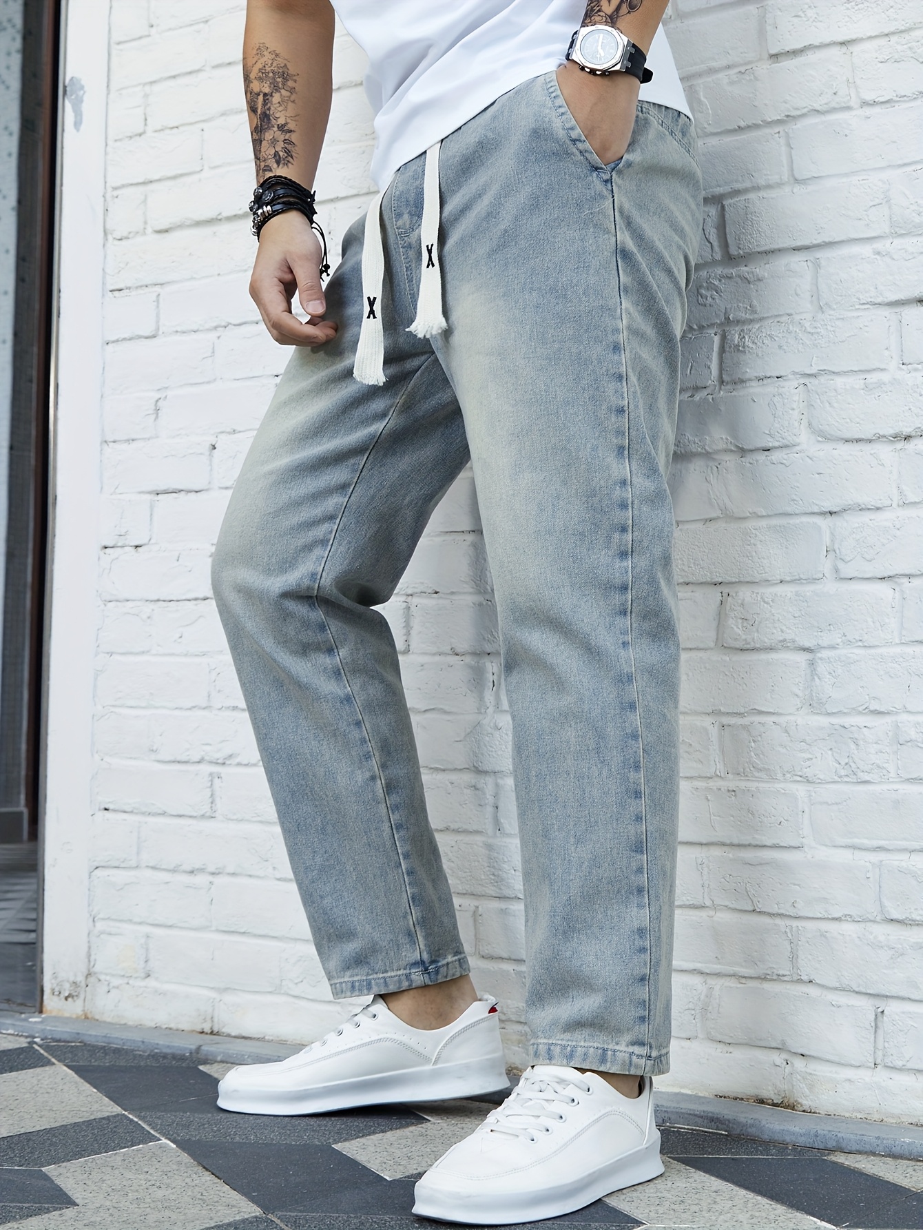 Men's Washed Denim Pants, Spring/Autumn Fashion Brand Loose Straight-Leg Elastic Waist Drawstring Versatile Japanese Style Casual Cropped Pants, Geng Yuanshi