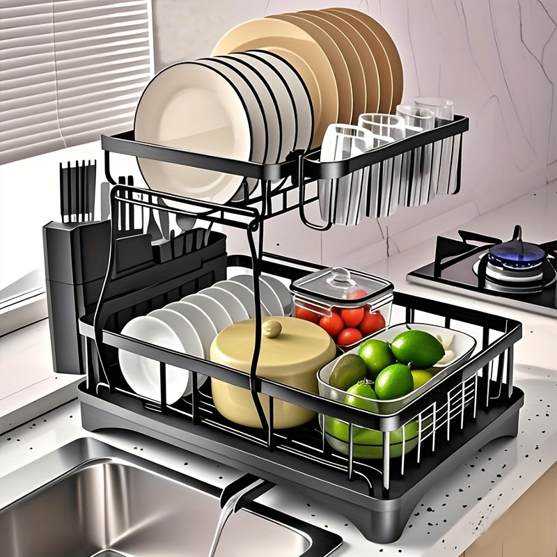 2 tier dish drying   large stainless steel dish rack for kitchen counter dish rack with   detachable carbon steel kitchen organizer for dishes cups cutlery space saving kitchen organizers and storage mothers day gift Product details 3