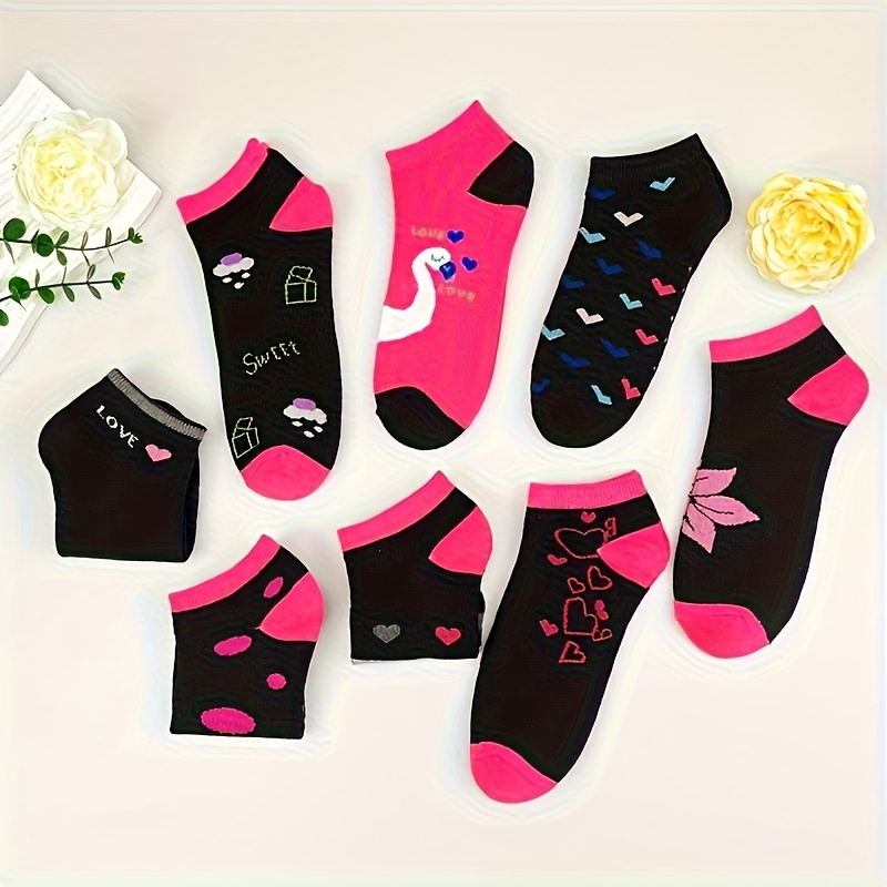 Image of 8 Pairs Of Comfortable And Cute Short Socks For Teenagers, Featuring Stripes, Checkered Patterns, And Heart Designs. A Perfect Gift To Share With , For Teenager