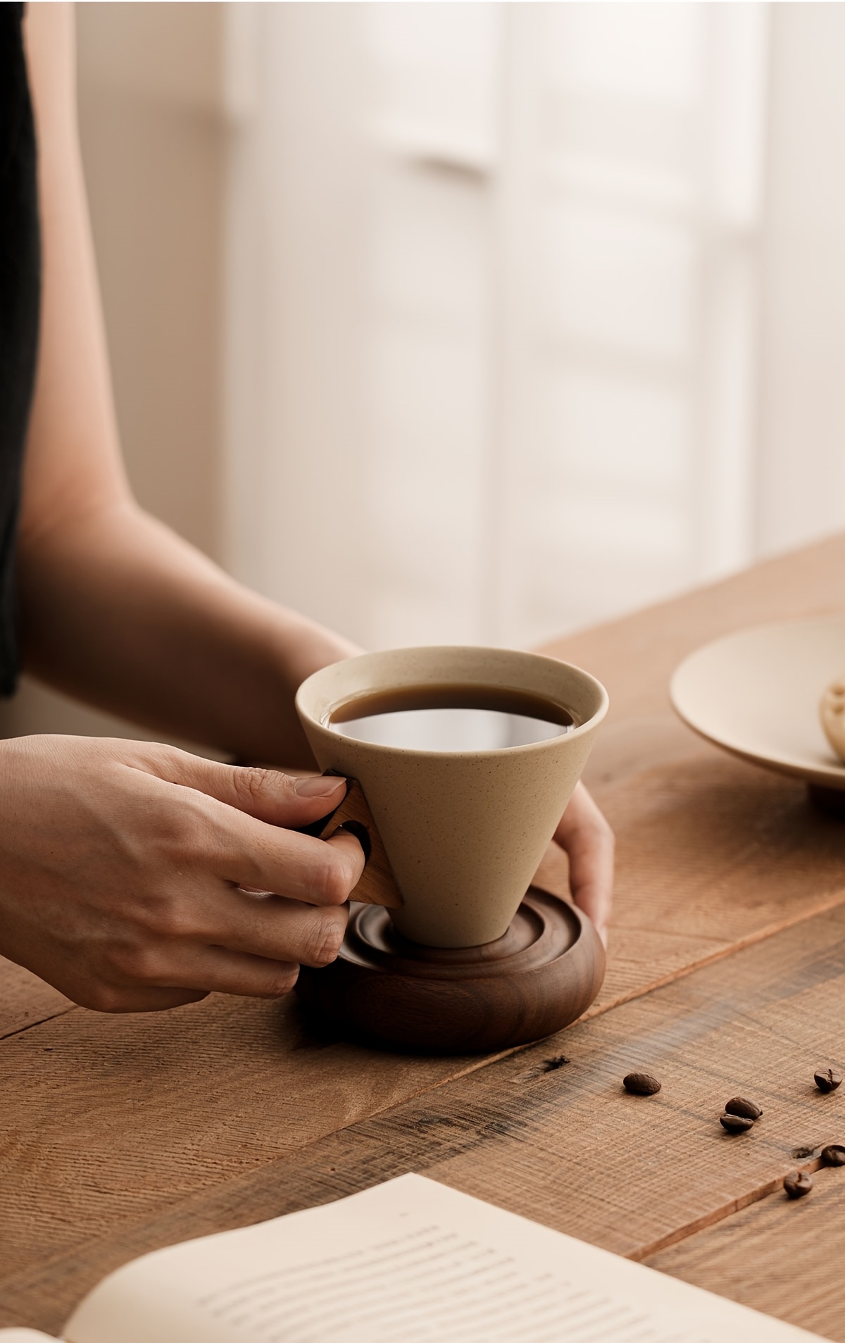 1 Thick Ceramic Handmade Coffee Cup with Wide Spout, Funnel Shape and Genuine Wooden Handle & Coaster Set for High-End Home Office Café Use - Ideal as a Present