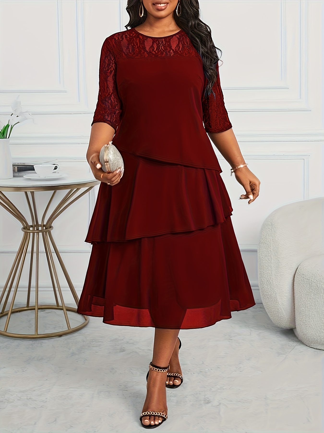 lace contrast three quarter sleeve dress - Temu Ghana