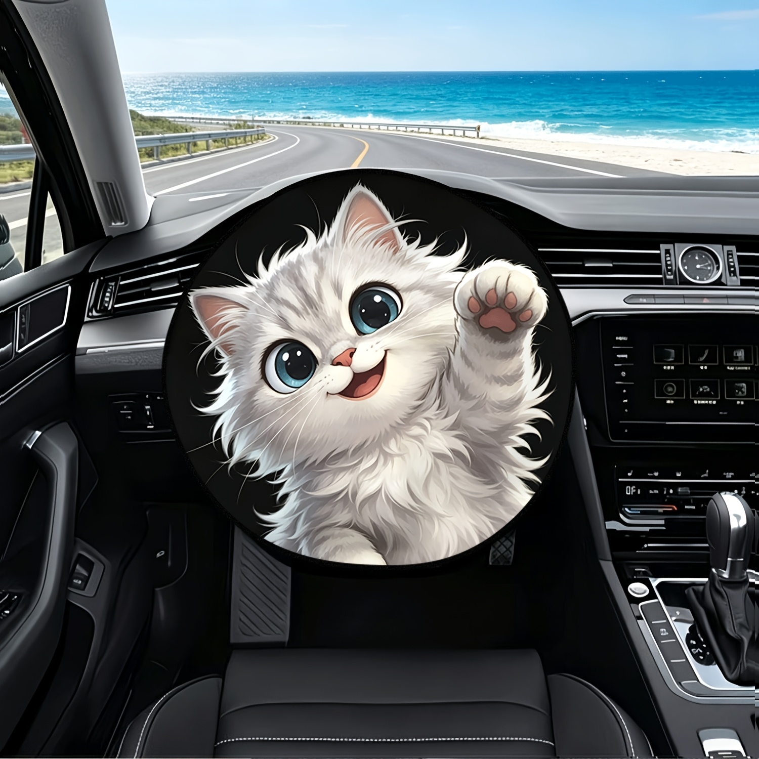 TEMU 1 de parasol para volante con adorable sonriendo con pata, protección isolamiento térmico, para el interior del coche en verano, mejora de ánimo