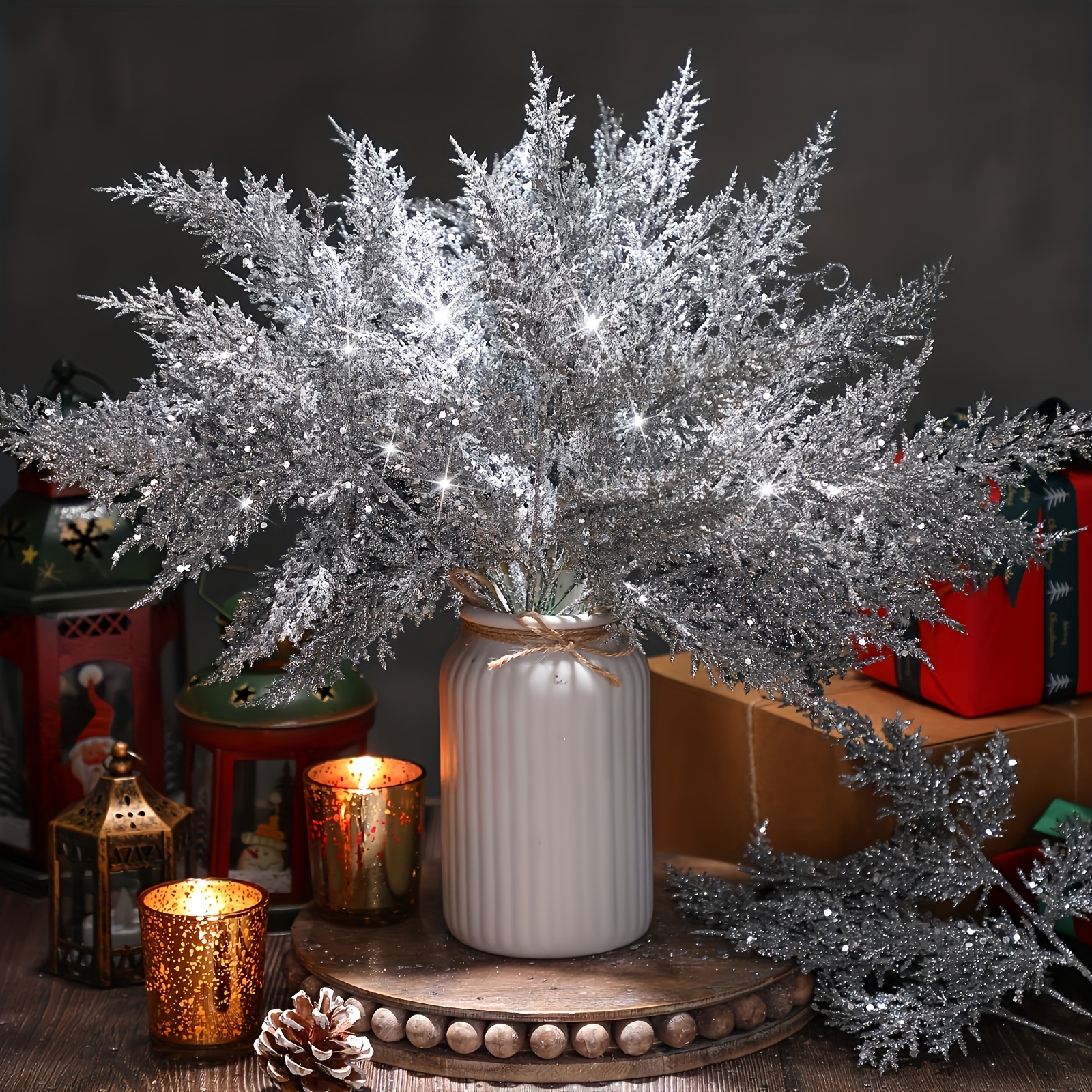 TEMU 10pcs Christmas Spray Artificial Flash Stem Ornaments Spray Artificial Flash Stem Ornaments, Decorative Branches Diy Christmas Tree Wreath Vase