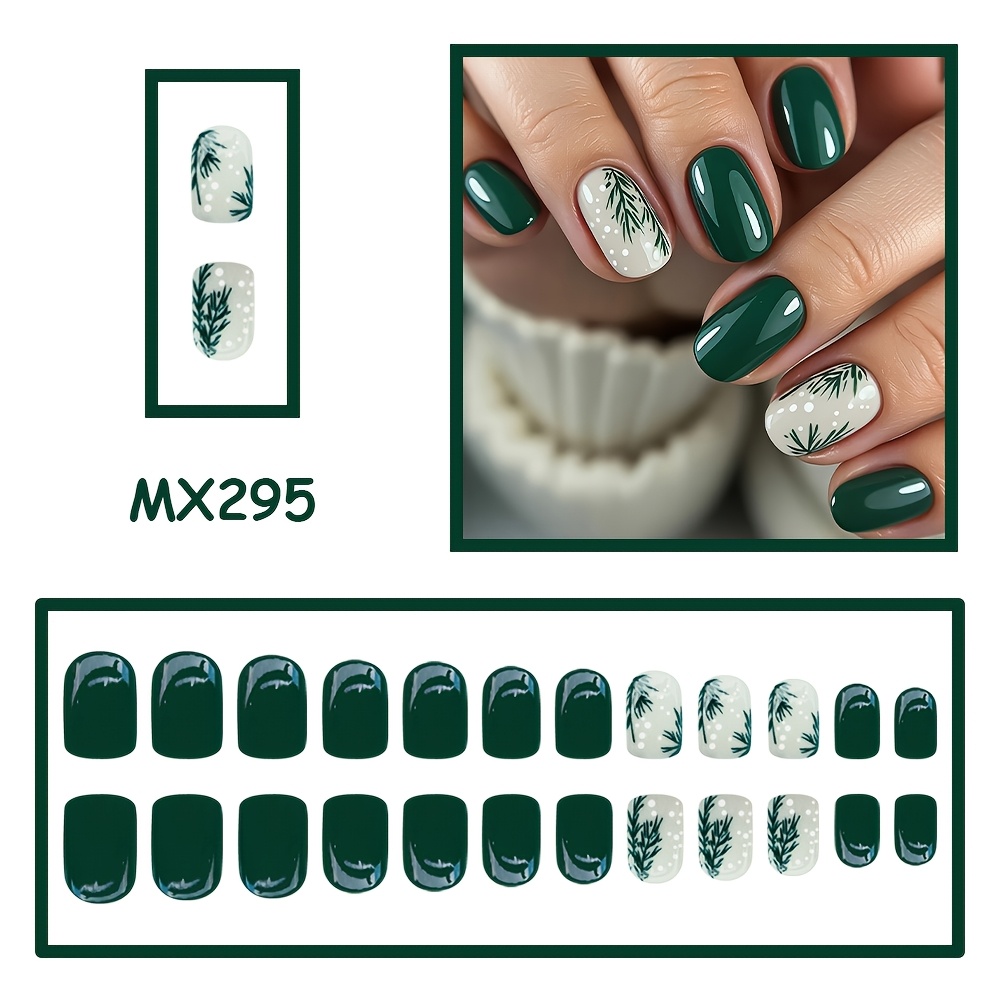 TEMU 24pcs Short Easy Dark Green Branch Leaf Snowflake Polka Dot Fake Nails, Fashionable Autumn Winter Fake Nails, Suitable For Women's Autumn Winter
