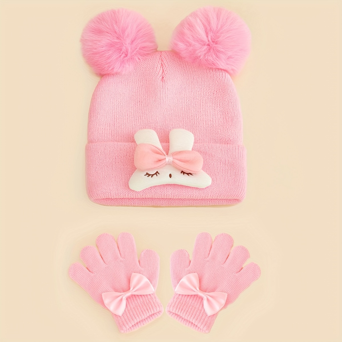 Image of 2pcs Girls' Pink Winter Set - Cute Bunny & Bow- Brimless Hat With Double Pom-poms & Pair, Soft -proof Outfit For Christmas, Birthday Gifts, Events ( &)