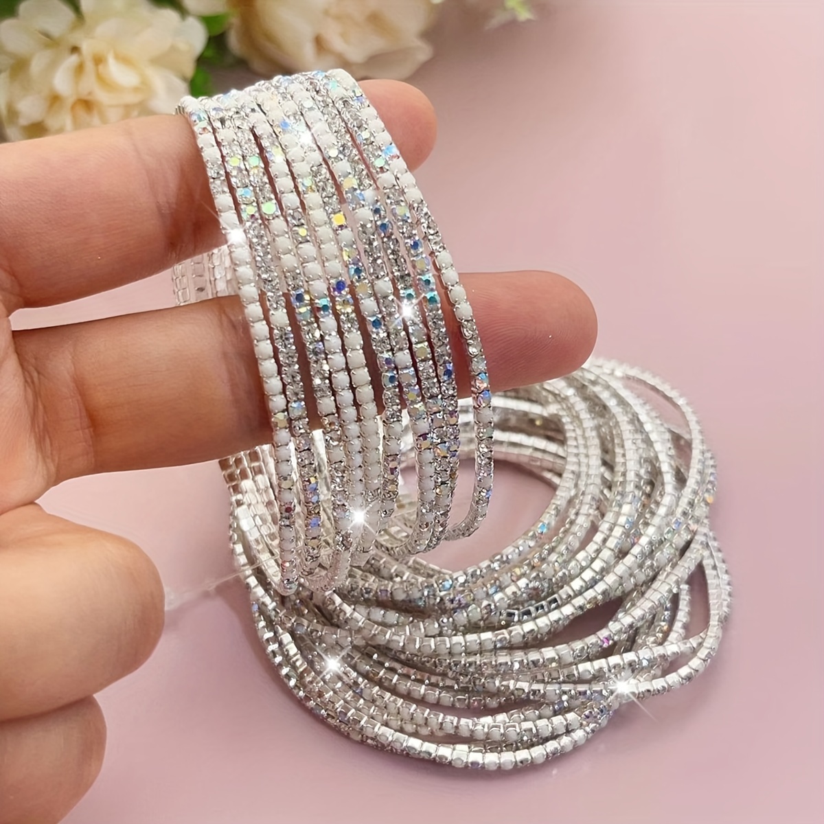 Image of A Set Of 10 Ultra-thin Tennis Bracelets In Colors Including Hot Pink, Blue, Green, Gray, White, Purple, And With Rhinestones For Women