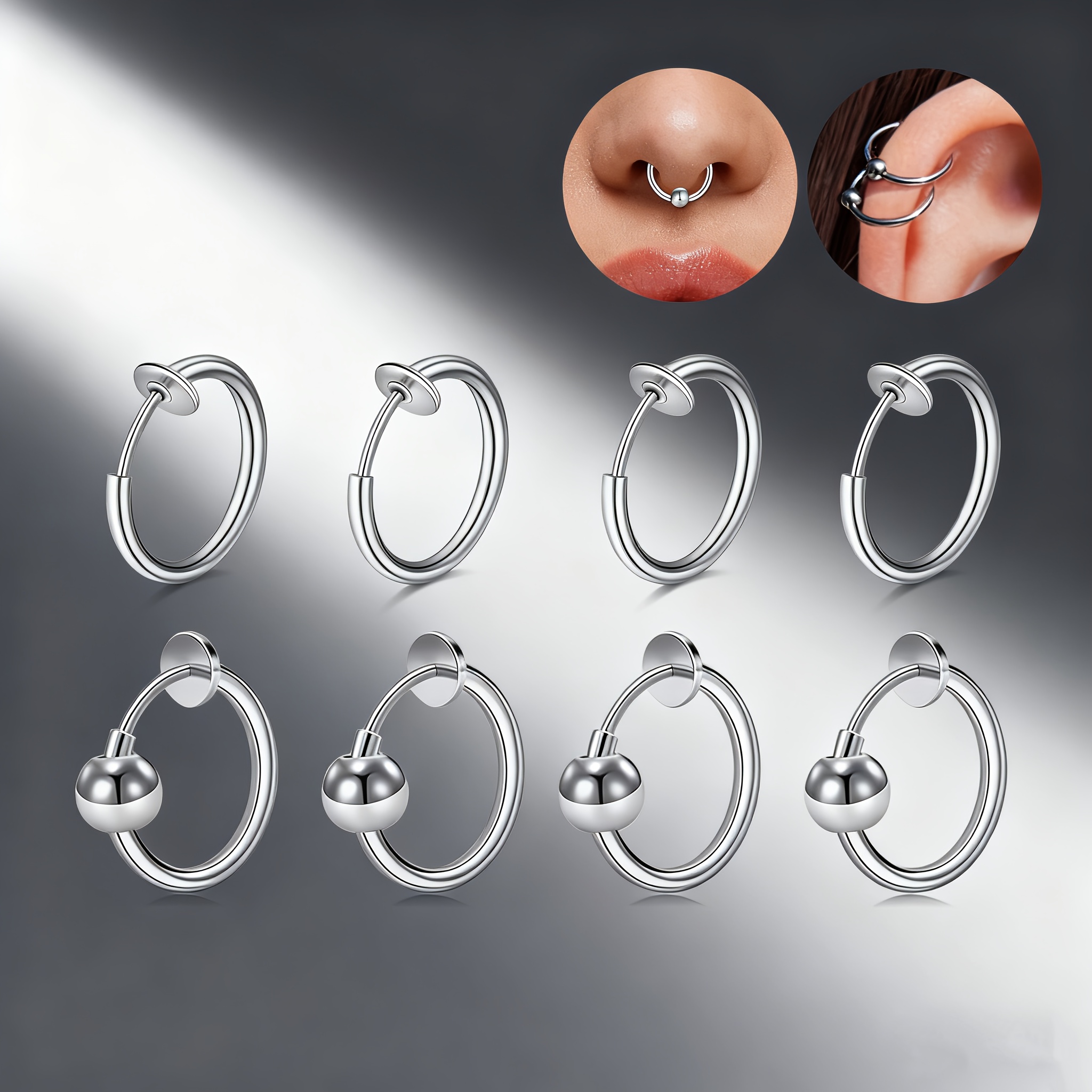 Image of 8pcs (16g) Acefun Non-piercing Fake Ear, Nose & Lip Rings - Spring-loaded Clip-on Earrings Suitable For , Daily Wear, Music Festivals, Halloween Costume Party Accessories - No-pierce Jewelry