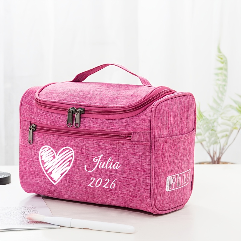 TEMU Sac à Maquillage Personnalisé avec Nom et Motif Cœur, Trousse de Toilette avec Logo Personnalisé et Crochet, Portable pour Voyage, Fermeture