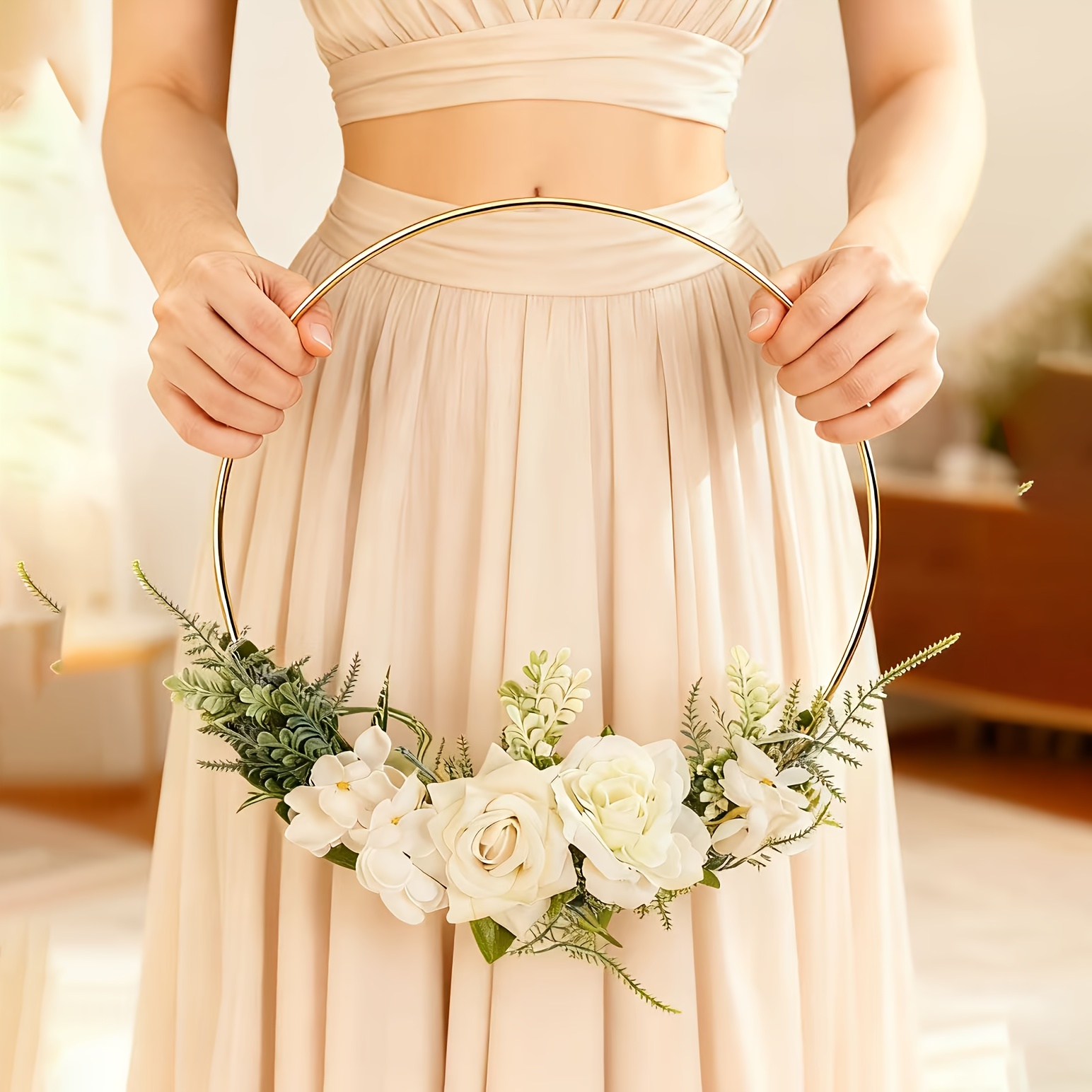 Image of 1pc New Style Wedding Simulated Handheld Flower Wreath, Ultra-ethereal All-handmade Wreath For Indoor Ceiling Wrought Iron Decoration, Bridesmaid Handheld Wreath