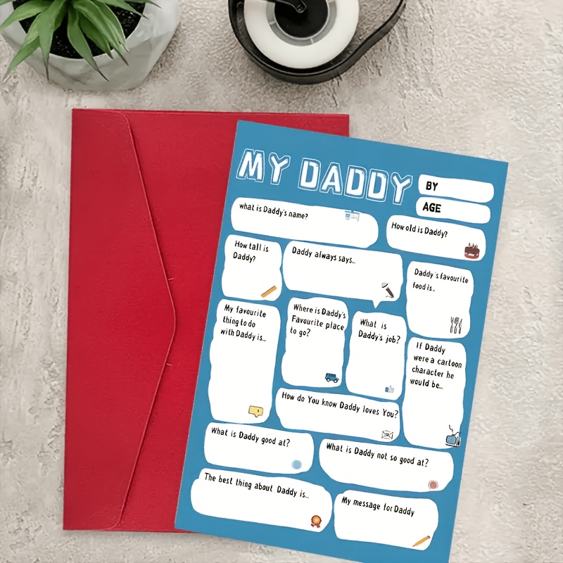 a humorous fathers day card featuring interactive questions about   designed in blue and white cartoon style making it   for fathers and husbands unique   of gratitude and love