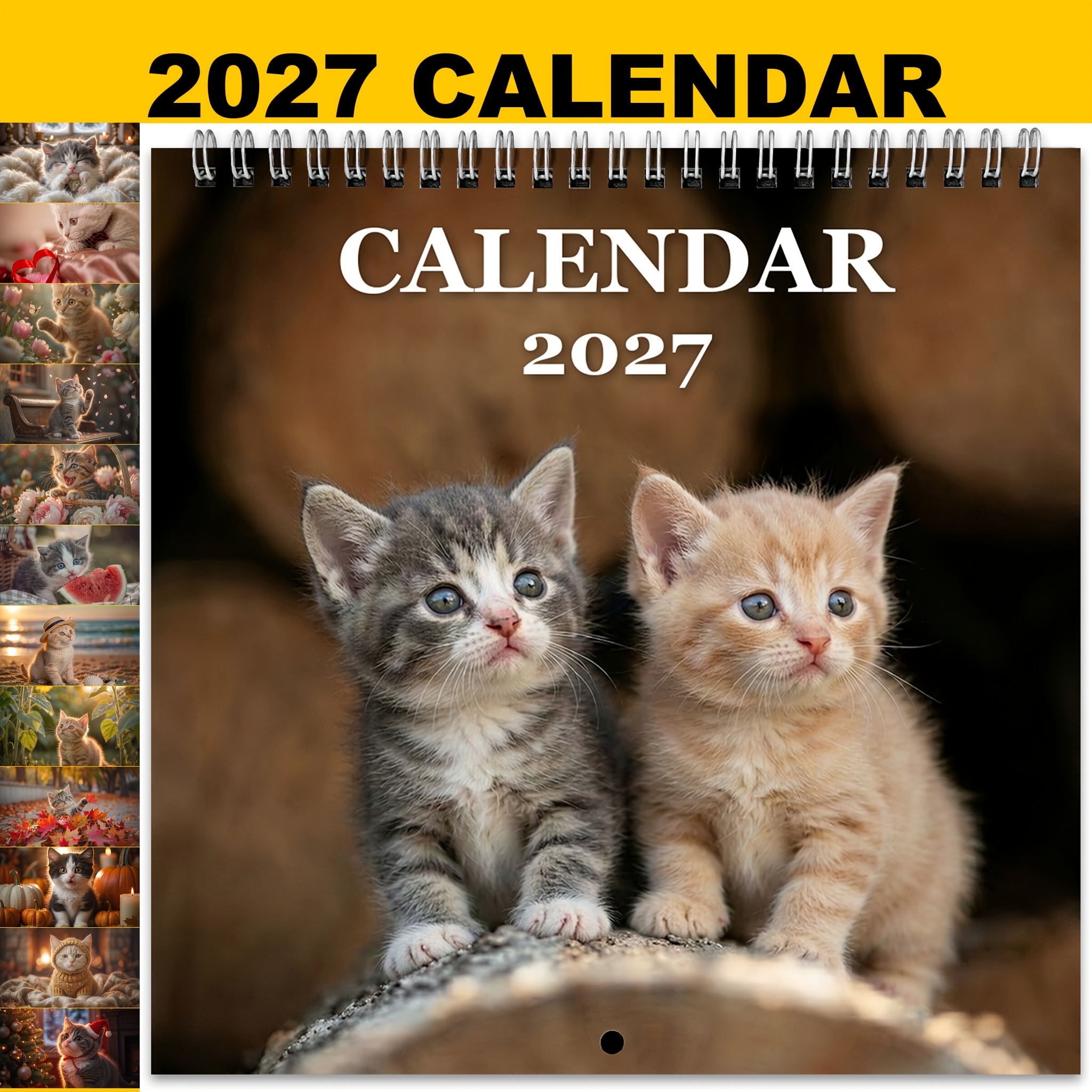 TEMU Calendrier Suspendu Annuel 2027, Chatons Mignons Assis et Jouant, Style Roulant Léger, Facile à Accrocher, Anti-Stress, de Date en Police Gras,