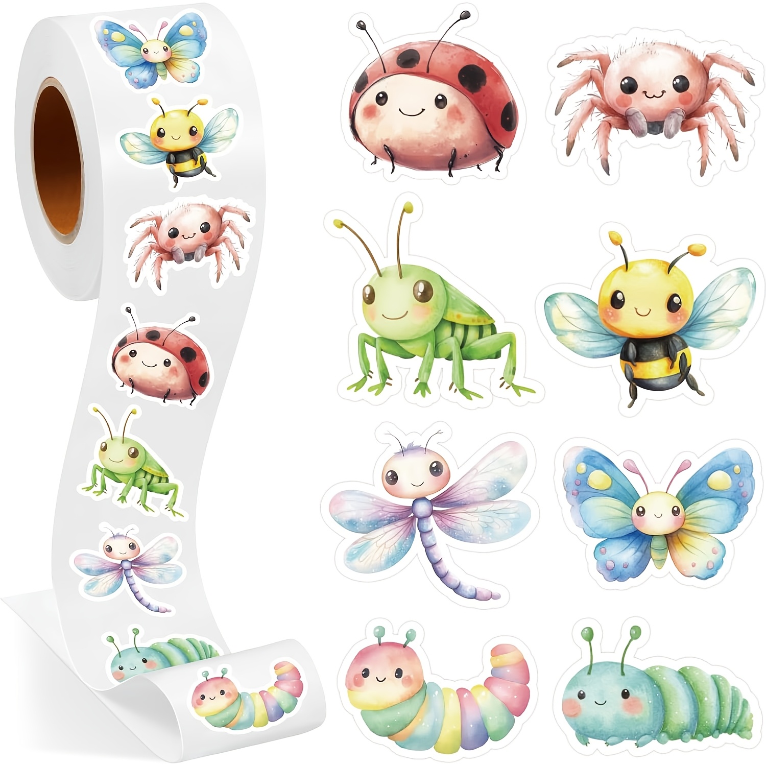 TEMU 500pcs Set Of Colorful Cute Insect Doodle Roll Stickers, 1 Inch, 8 Different Designs, Floral Sealing Labels, Office Stationery Stickers, School