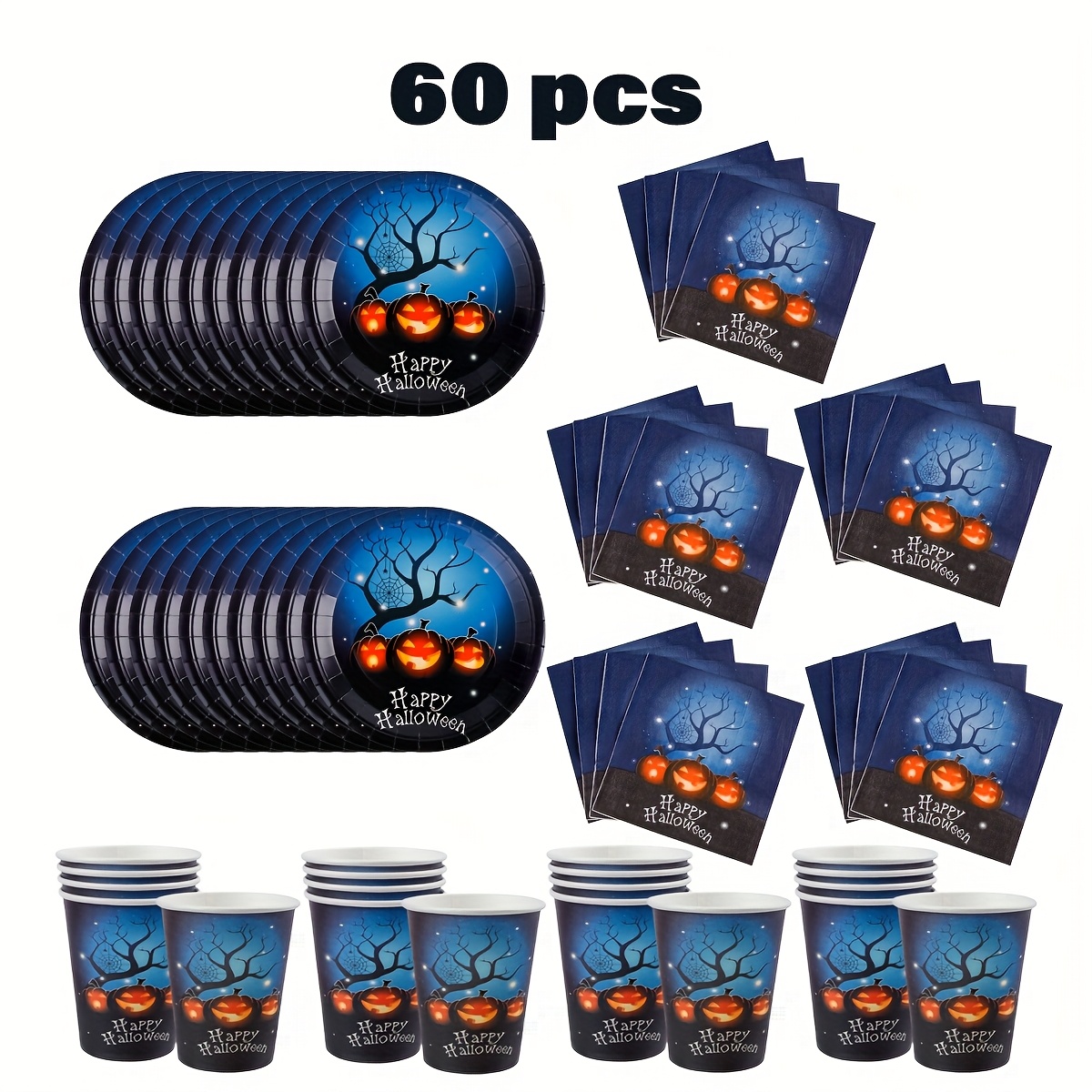 Image of 60pcs Party Tableware Set, Halloween Themed Party Supplies, Includes Paper Cups, Paper Plates, And Napkins, Suitable For Birthday Parties, Family Gatherings, Anniversaries, Serves 20 Guests
