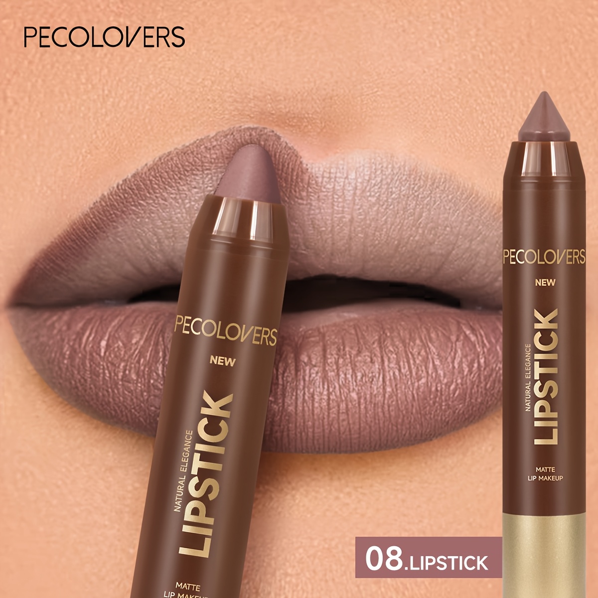 Image of Long-lasting Matte Lip Liner Lipstick, Crayon Nib Design Lip Line Lip Balm Dual Use, Waterproof Rotary Design Brown Colored Lipsticks
