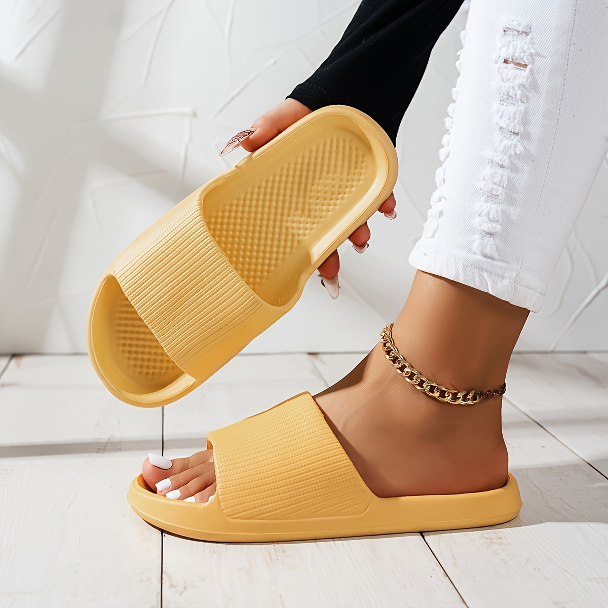 womens   slide sandals thick sole non slip open toe ribbed texture for beach indoor outdoor use summer sandals Product details 4