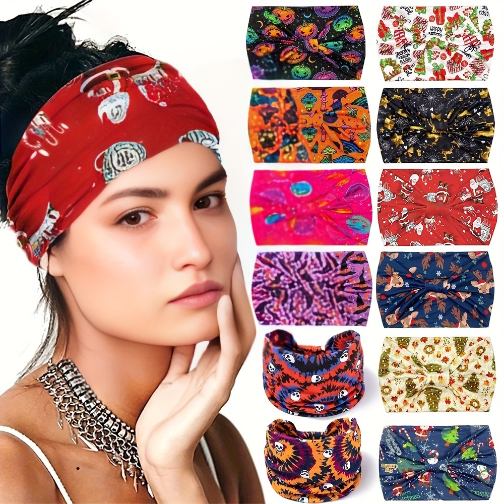 

12pcs Fashion Printed Patterns Plain Women's Hairband Set, Non-slip Sweat Absorbent Hair Accessories For Yoga, Fitness And Outdoor Sports