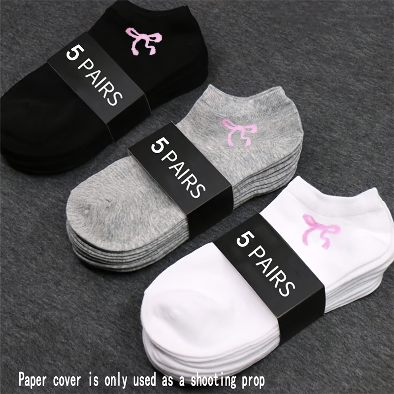 E-shop 5 Paar/10 Paar/15 Paar schwarze, weiße und graue Basic-Bootssocken mit rosa Schleifen, trendig und vielseitig.