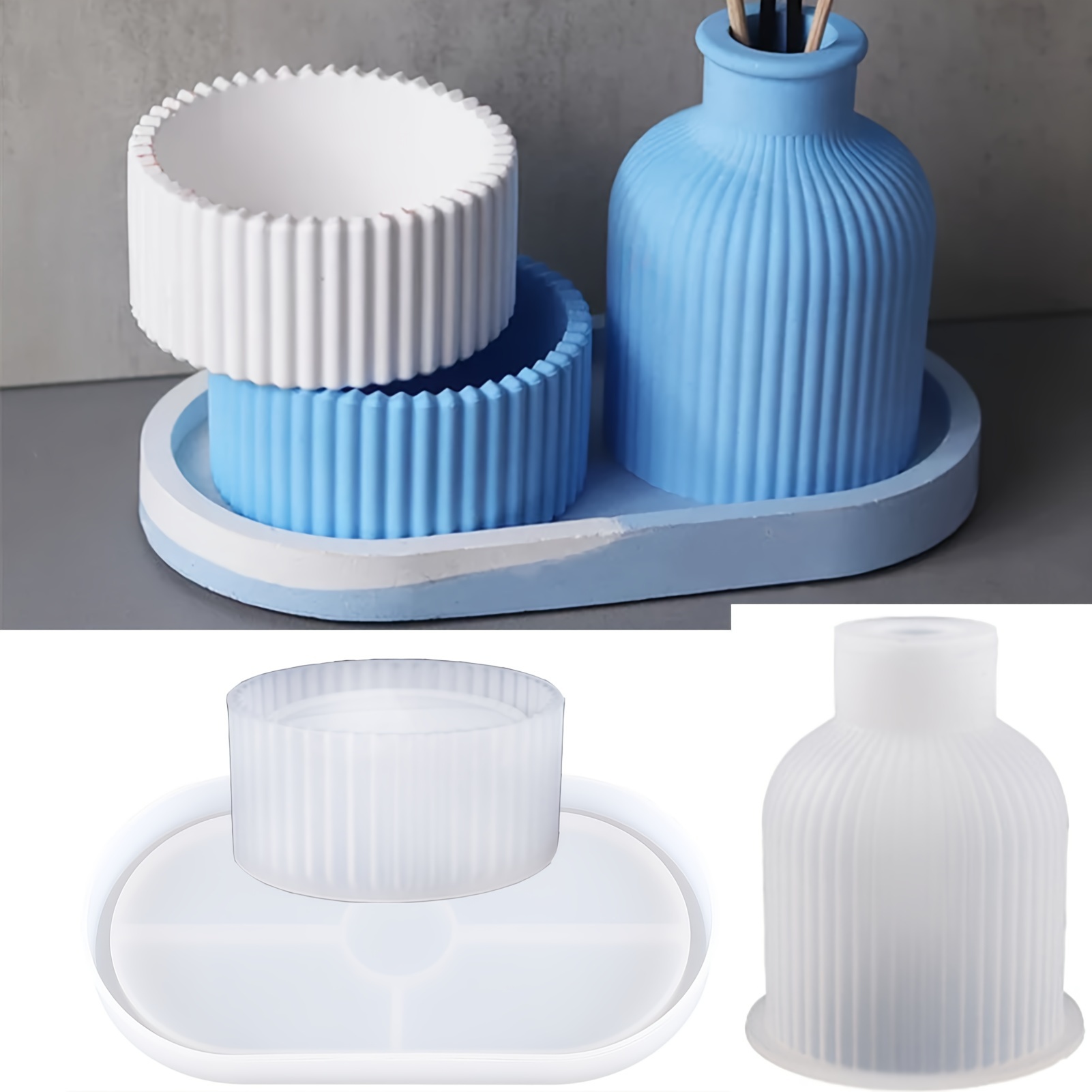 

3pcs/set Epoxy Resin Round Candle Jar With Striped Plaster Flower Vase Pot Silicone Mold For Making Coasters, Jewelry Storage Jar For Home Decoration