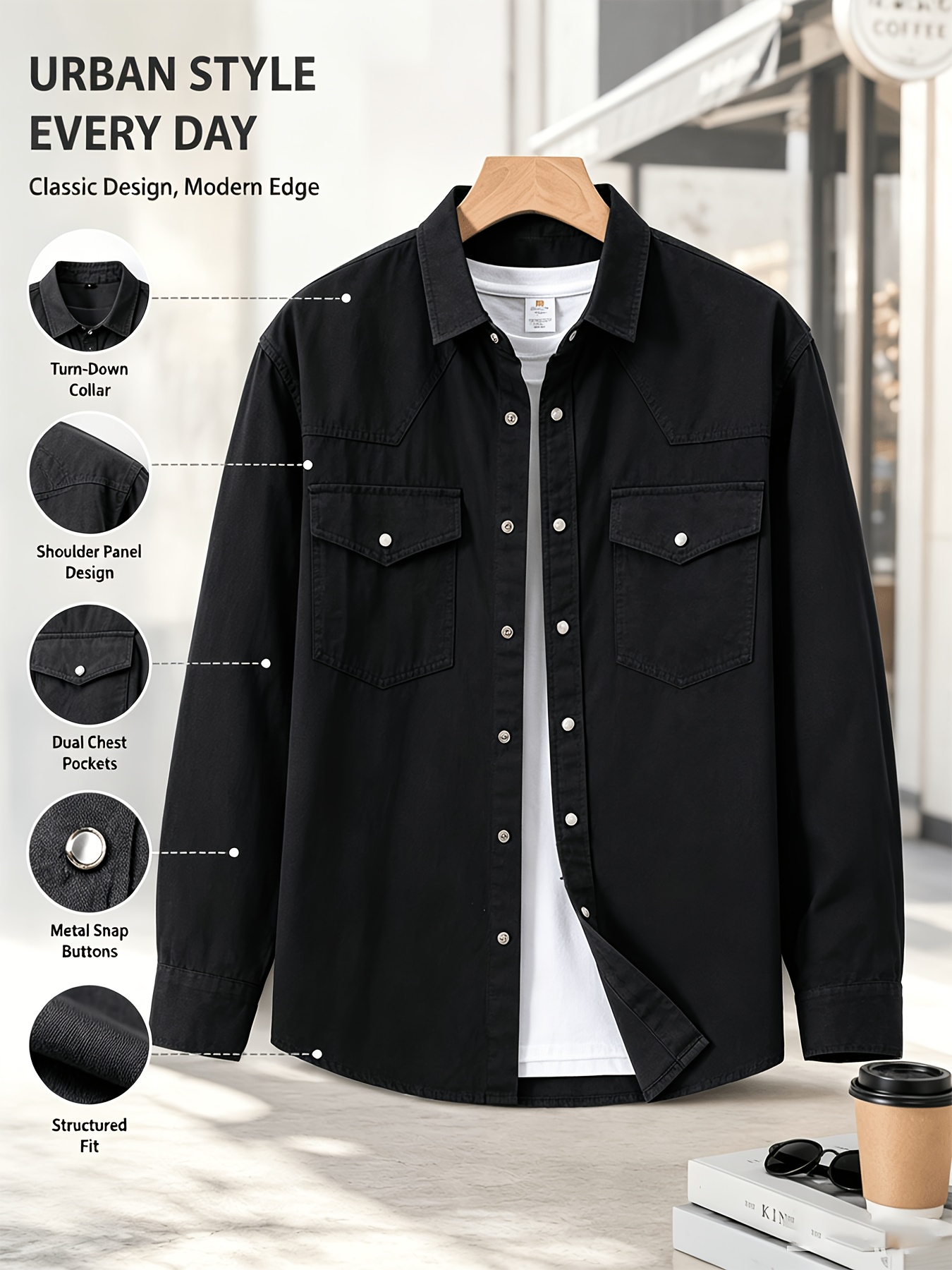 Men's American Workwear Style Shirt Jacket with Snap Buttons, Dual Chest Pockets, Structured and Well-Fitted. Soft and Breathable, Can Be Worn Alone or Layered. Versatile Basic Long-Sleeve Top for Daily Commuting, Work, Dates, and Weekend Casual Wear