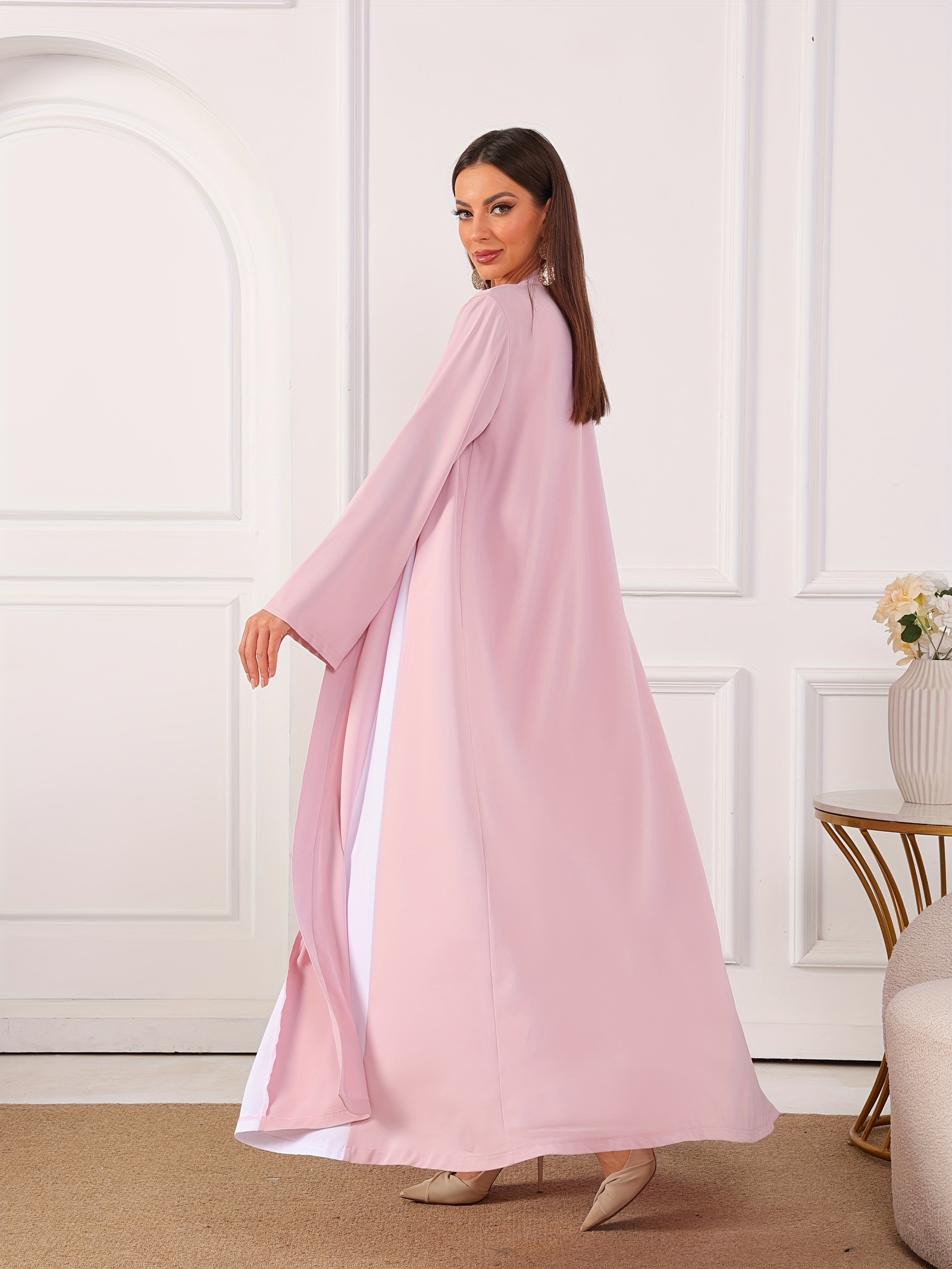 elegant pink white satin kaftan dress middle eastern style Temu