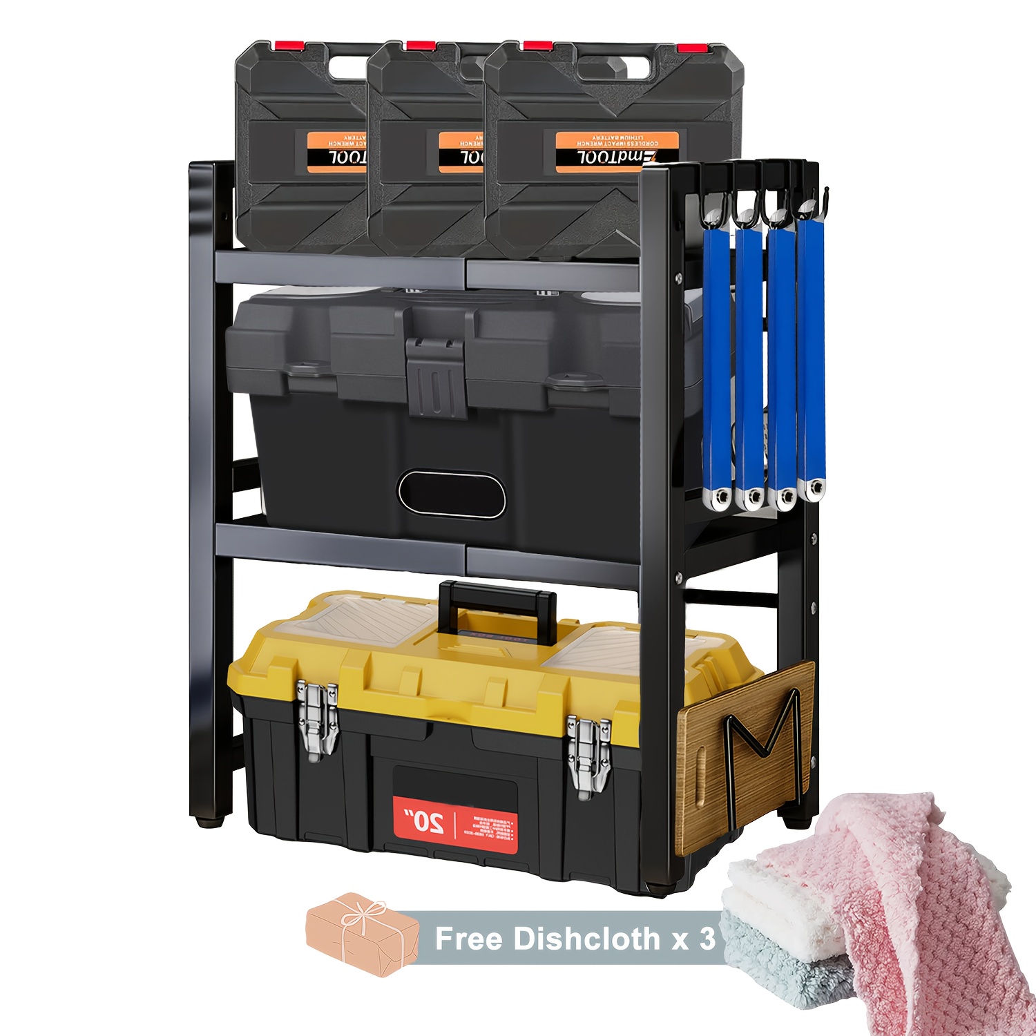 E-shop 3-stufiges ausziehbares Arbeitsregal mit 6 Haken 3 Handtuchhaltern; Garagenregal, Küchenregal, Küchenschrankregal; Ausziehbar von 40 cm bis 64