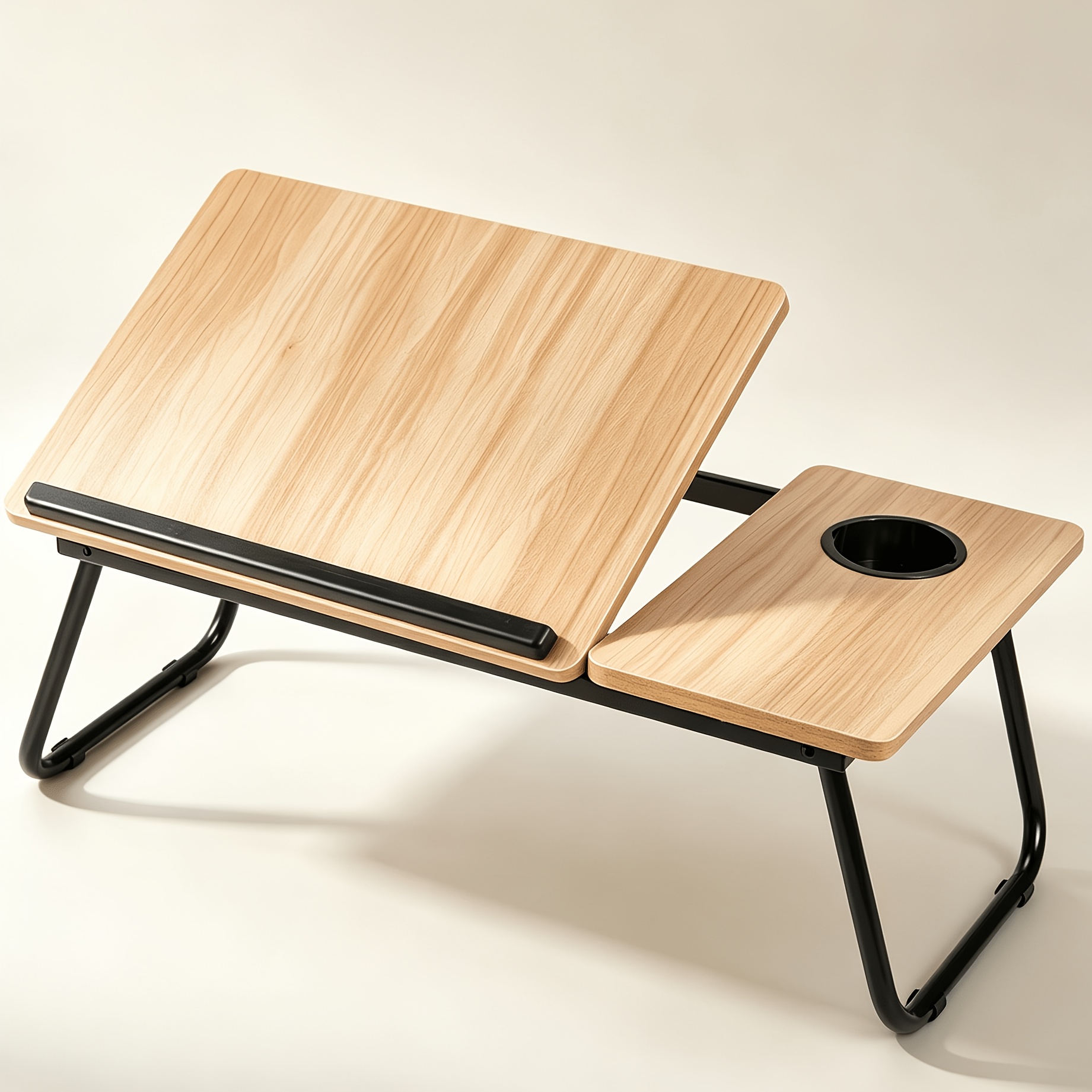 Image of [] 2 Colors Versatile Folding Laptop Desk With Cup Holder - 5-level Adjustable Tilt, Portable & Sturdy Wooden Frame, Ideal For Reading, Studying & Serving Breakfast In Bed - In Black, Walnut