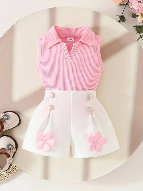2pcs summer toddler girls collar sleeveless solid color top floral white shorts fashionable outdoor outfit set for outdoor