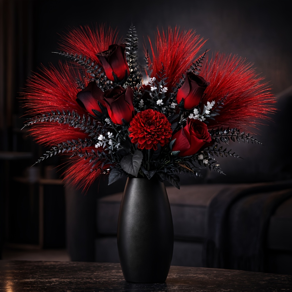 Image of Artificial Red Rose Arrangement, Black And Gradient Roses With Decorative Foliage, Luxury Faux For Home Decor, Centerpiece Display - Vase Not Included, Christmas Decor, Halloween Decor