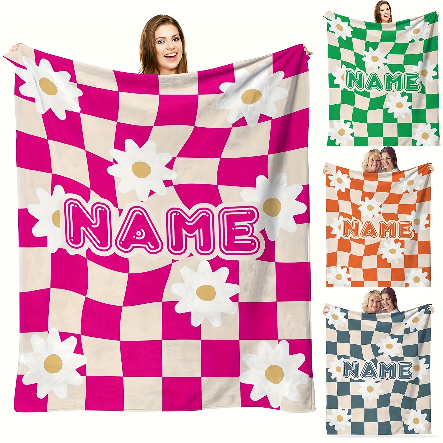 

Customizable Christmas Gift Blanket: Grid And Flower Pattern With Personalized Name - Perfect For Friends, Family, Or Office Decor - Machine Washable, Anti-static, And Suitable For All Seasons