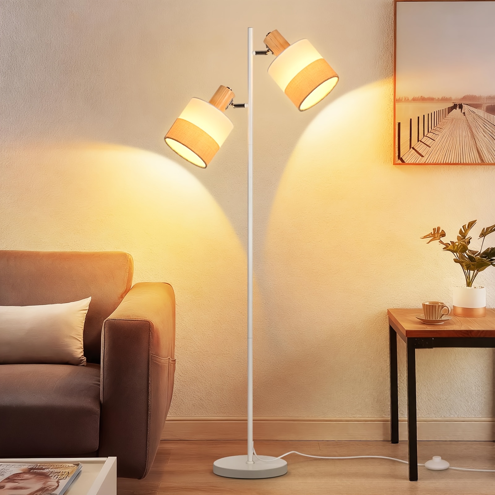 Living Room Floor Lamp, Rotatable E14 Double Head Fabric Lampshade, Retro Style With Foot Switch, Suitable For Living Room, Bedroom And Study (without Bulbs)