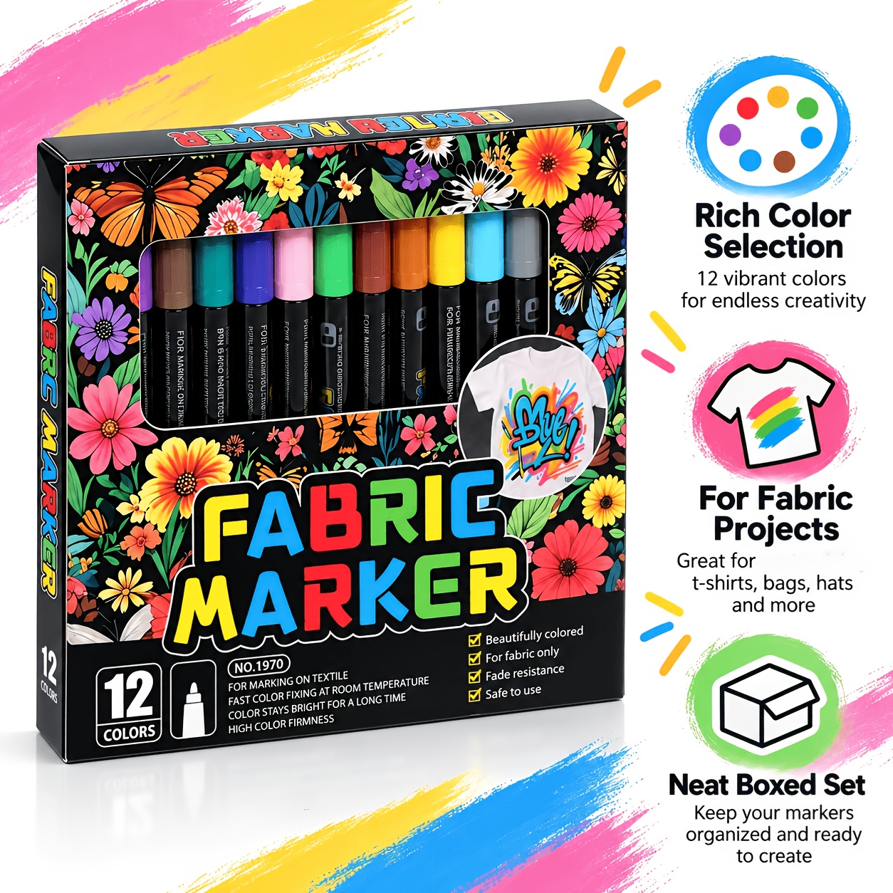 TEMU Marqueurs de peinture sur tissu 12 couleurs pour sacs en toile et tissus de T-shirts, stylos de peinture à DIY, stylos artistiques lavables pour