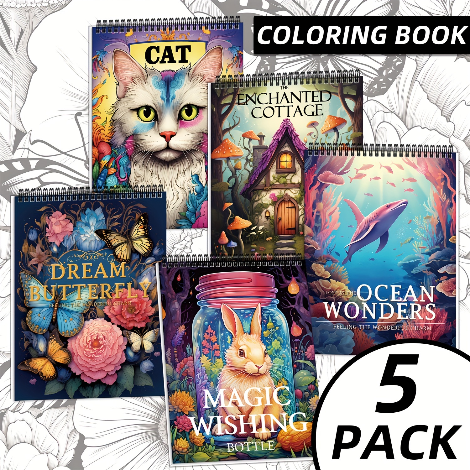 

5pcs Adult Coloring Book Set - 150 With Dream Butterflies, , Ocean & More - Premium Spiral Bound Drawing Books For Mindfulness & - Ideal Gift For Teens & Adults