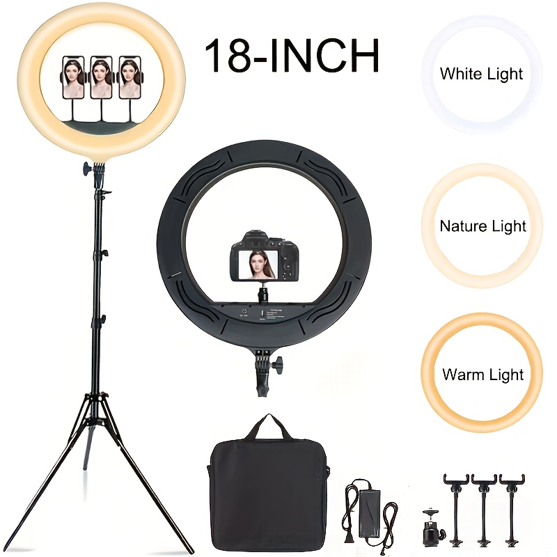 TEMU 18-inch Led Ring With A Stand, Carrying Bag, Phone Holder, Ideal For Smartphone Photography, Live Streaming, Selfies, Makeup Application, And Studio Video And Photo Shoots