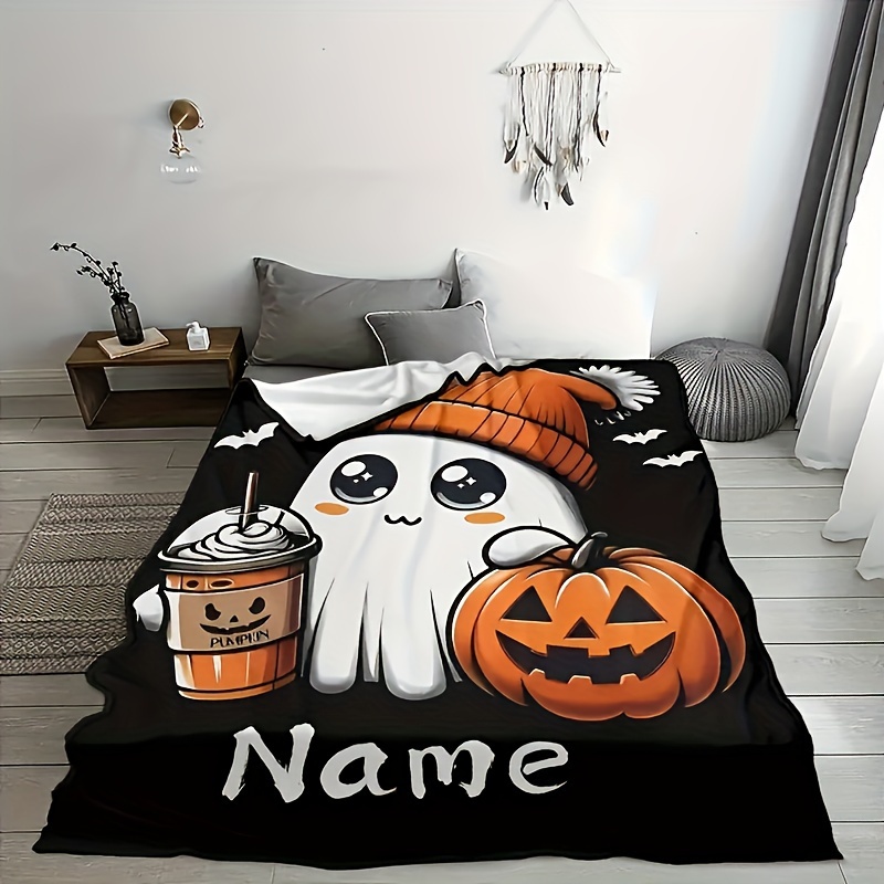 TEMU 1 Halloween-themed Personalized Blanket Featuring A Name And Pumpkin Design - A Soft, Warm, And Lightweight Throw Suitable For The Couch, Bed,