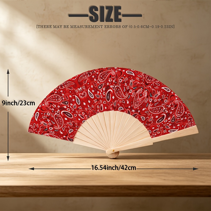 TEMU [23cm Wooden Folding Fan] Red Base Classic Paisley Pattern Lightweight Folding Fan, Wooden Folding Fan For Summer Cooling, Party Atmosphere,