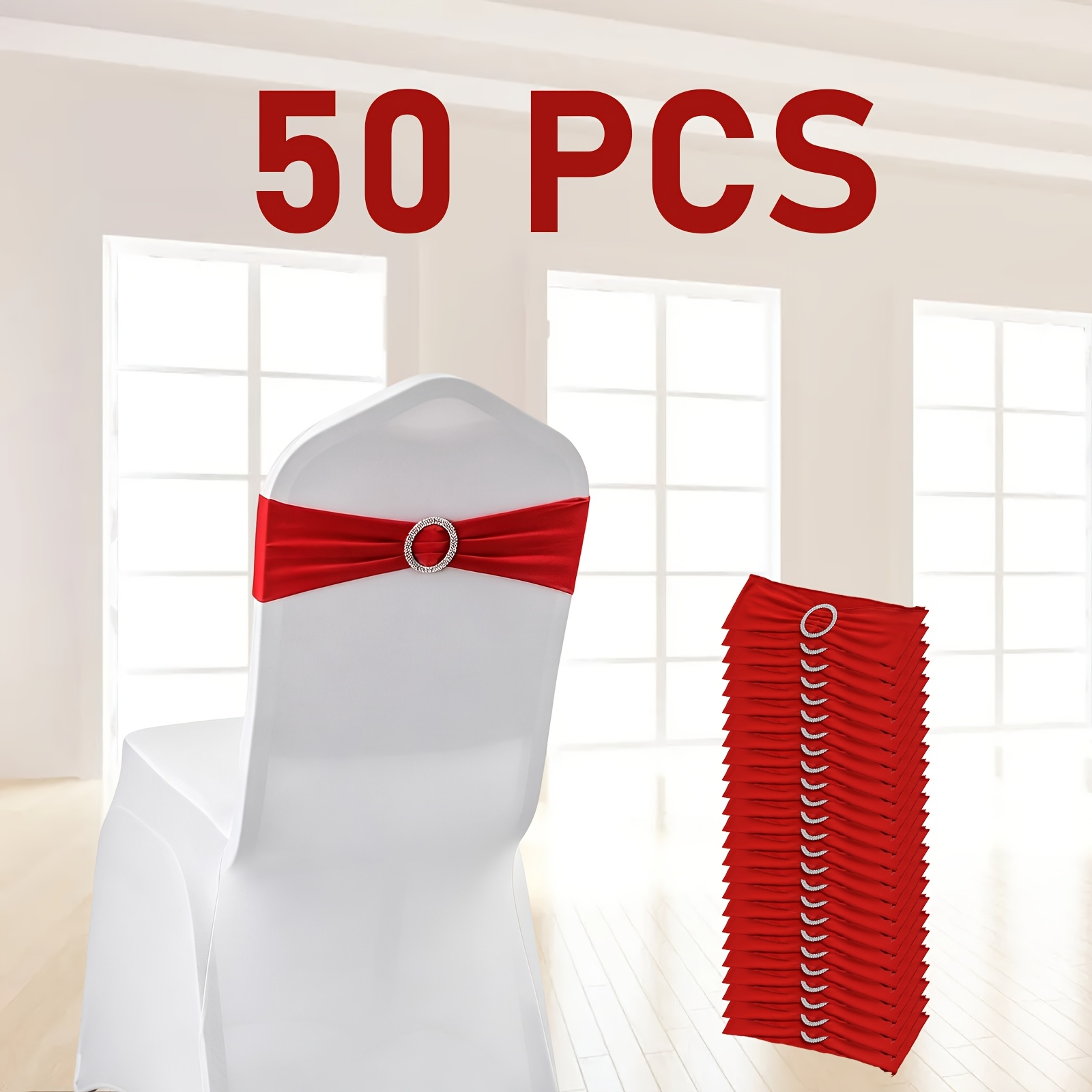 TEMU Pack Of 50pcs Stretch Chair Bows With Slider Universal Elastic Soft Sashes For Wedding Party Ceremony Reception Banquet Decoration Sash