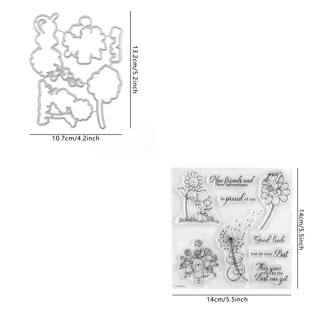 Image of 2pcs/set Little Mice & Flowers Clear Stamps And Metal Cutting Molds For Diy Album Craft Card Making