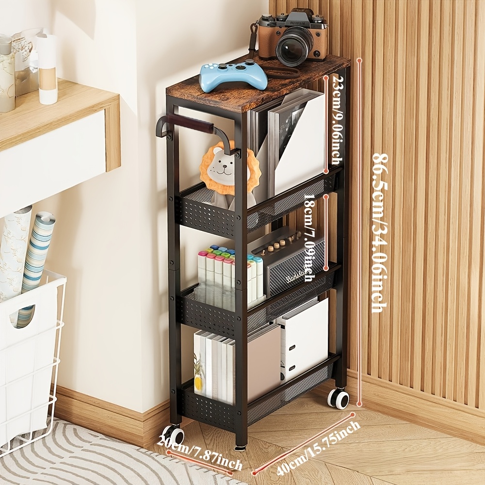 TEMU Carrello Cucina a 4 Ripiani con Ruote, Design Stretto, Mensole in Truciolato, Pratico per Organizzazione e Conservazione, per Spazi Piccoli come