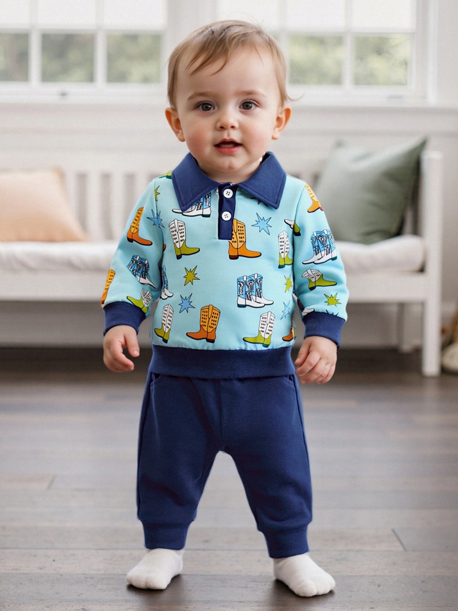 2pcs boys western cowboy print pants set soft