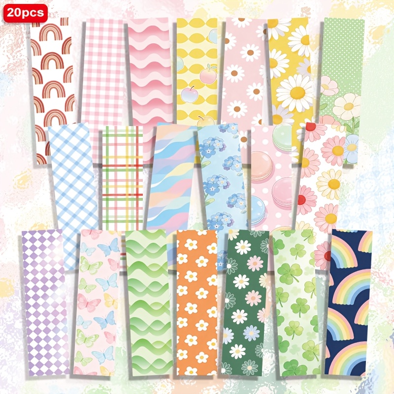 TEMU Lot de 20 marque-pages rectangulaires en papier 1,5 po x 5,9 po, dessin animé géométrique à rayures et à carreaux, marguerite, papillon, à ,