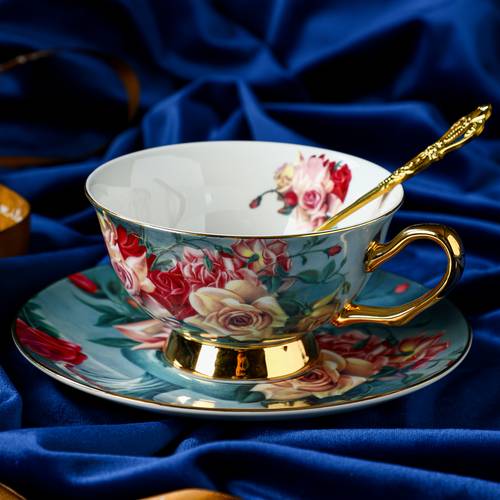 european style luxurious and elegant bone china coffee cup set tea cup sets red rose series design 7oz 3pcs set matching cups saucers and spoons hand wash